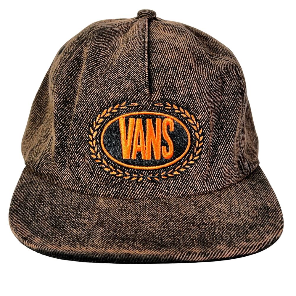 Vans Off The Wall Embroidered Wreath Logo Snapback Hat Cap Brown Denim New